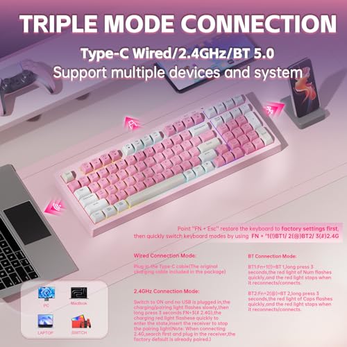 LEOBOG x Aula Pink Keyboard Wireless Creamy Computer Gaming Keyboards | Silent Membrane Keyboard, 98 Keys 2000mAh Quiet Creamy Keyboard with Number Pad, Rechargeable, for PC Mac Office Dorm Rooms - color: Pink