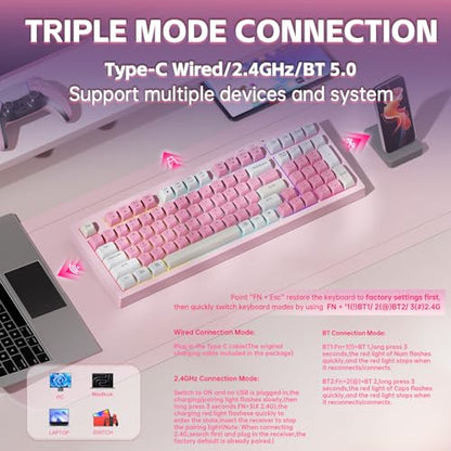 LEOBOG x Aula Pink Keyboard Wireless Creamy Computer Gaming Keyboards | Silent Membrane Keyboard, 98 Keys 2000mAh Quiet Creamy Keyboard with Number Pad, Rechargeable, for PC Mac Office Dorm Rooms - color: Pink