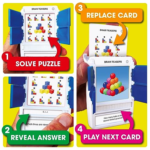 Brain Teasers Travel Game - Solve 100 Puzzles | Flash Cards with Slide Reveal Case | Card Game, Gift, Stocking Stuffer | Hours of Fun for Kids and Adults | Age 6+ - style: Brain Teasers