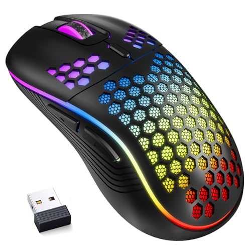 MELOGAGA Wireless Gaming Mouse RGB Rechargeable Lightweight Honeycomb Black | 7-Color LED Light, 4 DPI Levels, USB-C Recharge & Stable 2.4G Wireless for PC Mac Laptop Desktop Computers - color: Black