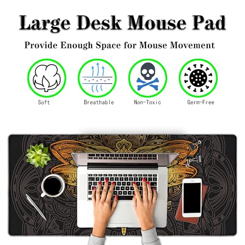 Gaming Desk Mats Gold, Desk Mouse Pad Extra Large Mouse Pads, Pad for Mouse Non-Slip Rubber Base Waterproof with Stitched Edges, 35.4 X 15.7 inch for Work/Game/Office/Home Dragonfly Mandala - color: Dragonfly Mandala
