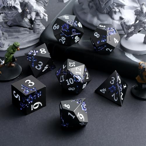 Glitter Blue D&D Metal Dice, DNDND 7 PCS Flower Metallic DND Dice Set with Gorgeous Gift Case for Dungeons and Dragon Tabletop Game (Matte Black with Glitter Blue Flower) - color: Flower Glitter Blue