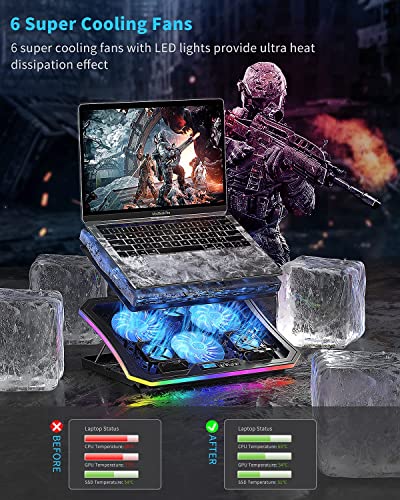 KeiBn Upgarde Laptop Cooling Pad, RGB Lights Laptop Cooler 6 Fans for 15.6-17.3 Inch Laptops, 7 Height Stands, 10 Modes Light, 2 USB Ports, Desk or Lap Use (A8,Blue) - size: A8-Blue