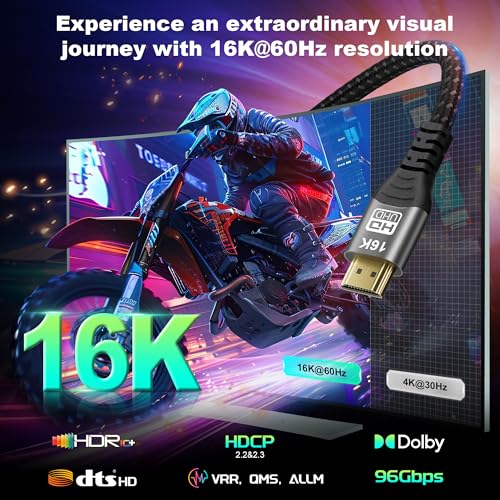 16K 10K 8K HDMI 2.2 Cable 1.6FT, 96Gbps Ultra High Speed HDMI Braided Cord, Support 16K@60Hz 12K@120Hz 10K@30Hz HDCP 2.2&2.3, Dynamic HDR,eARC,DTS:X, for Roku TV/HDTV/PS5/Xbox/Blu-ray - size: 0.5M/1.6Feet