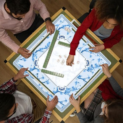 Chinoiserie Mahjong Mat with Carrying Bag,Rubber Anti Slip and Noise Reduction Multi Purpose Game Table Cover for Card, Board Tile Games 31.5" x 31.5" Blue - color: Blue