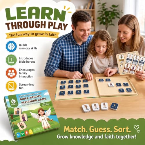 Travofun Magnetic Bible Matching Game, Memory & Clue Cards, Ages 4-8 | Magnetic memory matching with Bible character clue cards for church, Sunday school, family learning and travel. - style: Bible Heroes Game