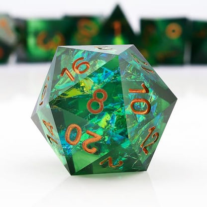 Haxtec Sharp Edge DND Dice Set, Holographic Resin Polyhedral RPG Dice | Green D&D Dice for Role Playing Games, Compatible with Dungeons and Dragons, Handmade 7-Die with Metal Case, TTRPG Gifts - color: Green Gold