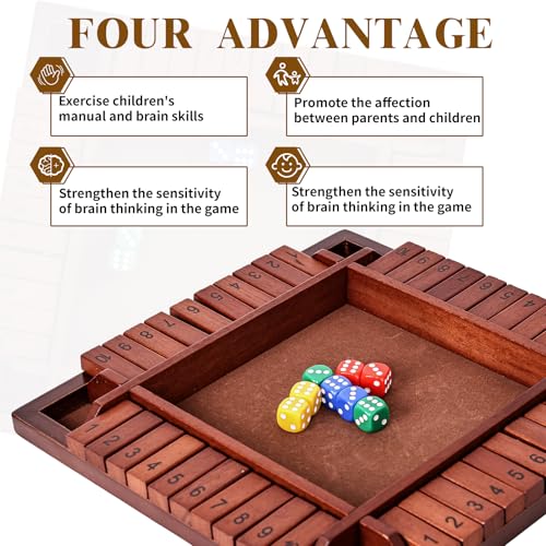 Shut The Box Game Wooden,4 Players Math Games for Kids 8-12,Dice Box Family Games for Kids and Adults,Board Tabletop Games for Kids 5-7, 12 Inch Close The Box Game for Classroom,Home or Party(4-Retro) - style: 4-player - Retro