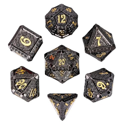 7-Piece Metal Dice Set - Mayan-Themed Zinc Alloy DND Dice for Tabletop Gaming, Gift, and Collecting - color: Mayan-themed-black Gold