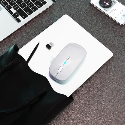 AIKOKOK Wireless Bluetooth Mouse, Rechargeable Dual Mode Mouse, Silver | BT 5.2 & 2.4G USB Receiver,3 Adjustable DPI,LED Lights,Slim,Silent,Portable Computer Mouse for Laptop,PC,MacBook,iPad,Tablet - color: Silver