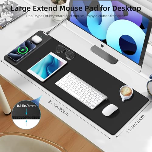 Mouse Pad with Wireless Charging, Large Desk Mat for Gaming, 31.5"x11.8" | Ultra-Smooth Surface, Non-Slip Rubber Base, Waterproof Computer Keyboard Pad for Gamer, Desk, Office, PC, Laptop, Black - color: Black - 31.5"x11.8"