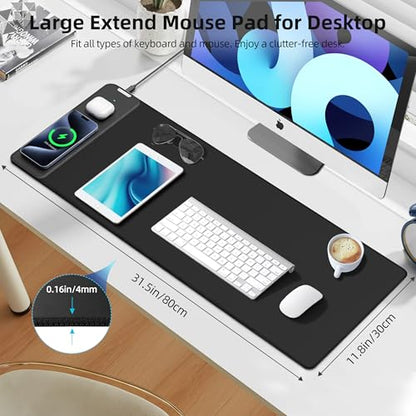Mouse Pad with Wireless Charging, Large Desk Mat for Gaming, 31.5"x11.8" | Ultra-Smooth Surface, Non-Slip Rubber Base, Waterproof Computer Keyboard Pad for Gamer, Desk, Office, PC, Laptop, Black - color: Black - 31.5"x11.8"