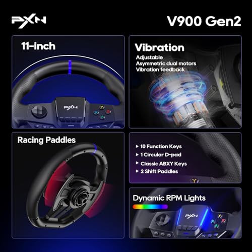 PXN Gaming Steering Wheel - 270/900° V900 GEN2 Sim Racing Wheel | Hall Effect 2-pedal Set, Responsive Paddle Shifters - for Xbox One, Xbox Series S|X, PC, PS4, Switch