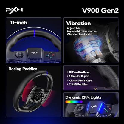 PXN Gaming Steering Wheel - 270/900° V900 GEN2 Sim Racing Wheel | Hall Effect 2-pedal Set, Responsive Paddle Shifters - for Xbox One, Xbox Series S|X, PC, PS4, Switch