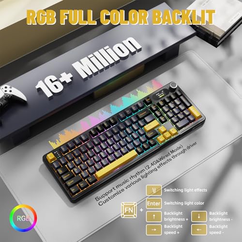 MAMBASNAKE Attack Shark X98 Pro Wireless Mechanical Keyboard with Screen & Knob, 2.4G/USB-C/BT5.0 Gasket Hot Swappable Creamy Keyboard102 Keys, Web Driver RGB Gaming Keyboard for PC/Mac/PS4/Xbox - color: Black/Yellow