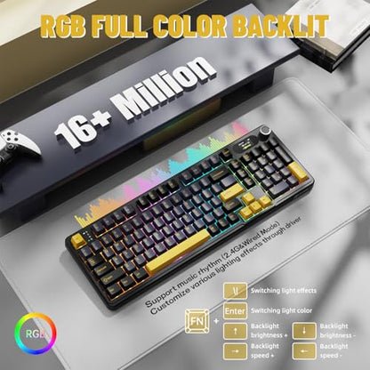 MAMBASNAKE Attack Shark X98 Pro Wireless Mechanical Keyboard with Screen & Knob, 2.4G/USB-C/BT5.0 Gasket Hot Swappable Creamy Keyboard102 Keys, Web Driver RGB Gaming Keyboard for PC/Mac/PS4/Xbox - color: Black/Yellow