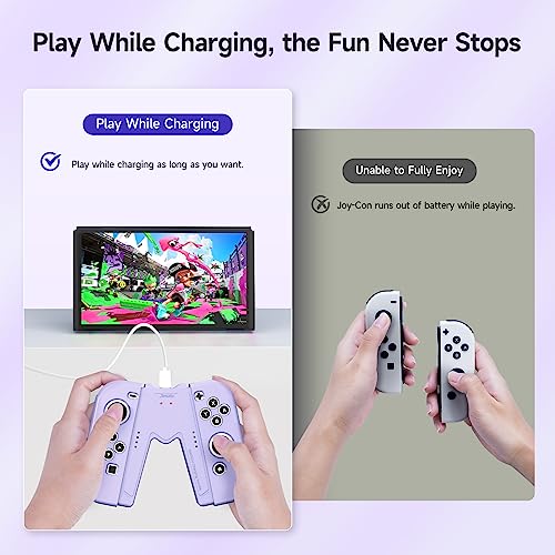 JINGDU NS Joy-Con Charg Grip Compatible with Nintendo Switch Standard & OLED Model, Switch JoyCon Controller Charger with Charging Cable and 2 Thumb Grip Caps, Play While Charging, Purple - color: Purple