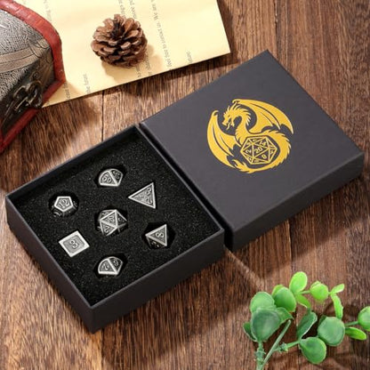 Metal Dice Set, 7pcs Polyhedral Metal DND Dice Set, DND Starter Set, D&D Gifts with Gift Box, Role Playing Board Games Accessories, Silver - color: Silver + Gift Box
