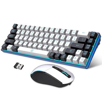 Snpurdiri 60% Wireless Gaming Keyboard and Mouse Combo,Ice Blue Backlit Rechargeable 2000mAh Battery,Mini Mechanical Feel Anti-ghosting Keyboard + Popular RGB Mice for Gaming, Office(White-Black) - color: White Black Combo
