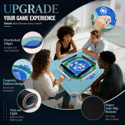 Mahjong Mat 32.3 Inch Non-Slip Waterproof Velvet Noise Reducing Table Mat | No crease, no odor; lightweight PU silicone base, printed game rules, carry bag; for tiles & cards, light blue - color: Light-blue