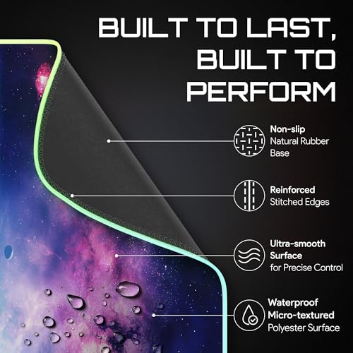 Gerlos RGB Gaming Mouse Pad, Large LED Desk Mat, 31.5 x 11.8 Inch | 12 light modes, non-slip base, water-resistant surface, stitched edges - color: Space