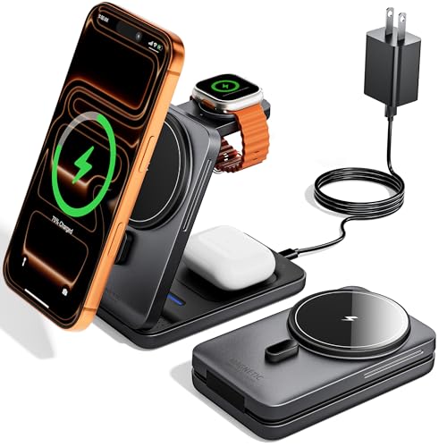 KPON Foldable 3in1 Charging Station for Magsafe, Travel Phone and Watch Charger for Apple, PD20W Wireless Charging Dock for Multiple Devices iPhone 17 16 15 14 13 12 Series/Apple Watch/Airpods - color: Grey