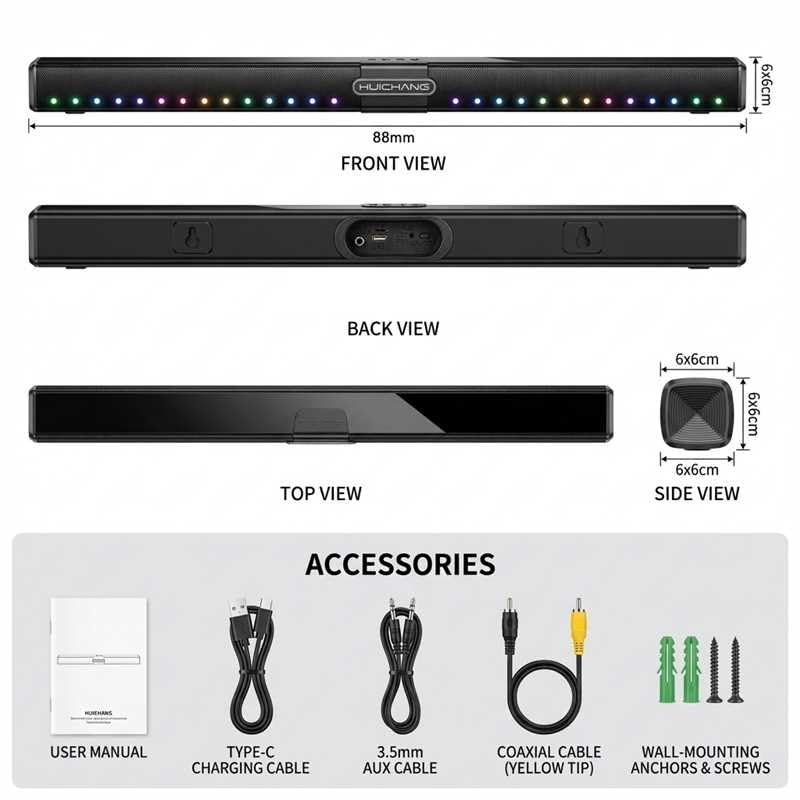 HUICHANG 360° Surround Soundbar 150W Peak BT 9D Audio Home TV PC | 8-unit 360°surround,150W peak,9D virtual audio,dual passive radiators,AUX/Coaxial/USB in,portable theater.