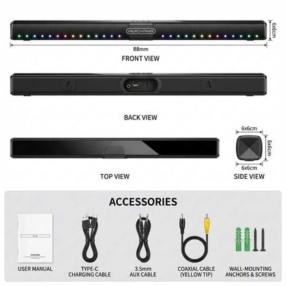 HUICHANG 360° Surround Soundbar 150W Peak BT 9D Audio Home TV PC | 8-unit 360°surround,150W peak,9D virtual audio,dual passive radiators,AUX/Coaxial/USB in,portable theater.