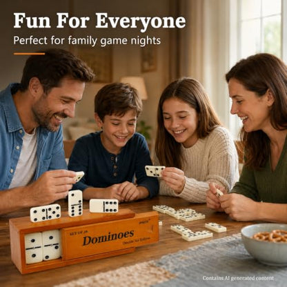 Smilejoy Jumbo Dominoes Set for Adults, Double 6 Domino with Wooden Box | 28 Jumbo Retro Ivory tiles, Prime wood Box, Metal Spinner,recessed mark, for 2-4 players, Board Game,Festival Gift choice
