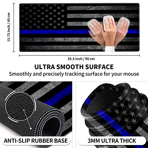 Large Gaming Mouse Pad, Thin Blue Line American Flag Design Keyboard Mat Desk Mousepad, Full Desk Extended XXL Mouse Pad 35.5" X 15.75" w/Stitched Edges Non-Slip for Office Home Gamer