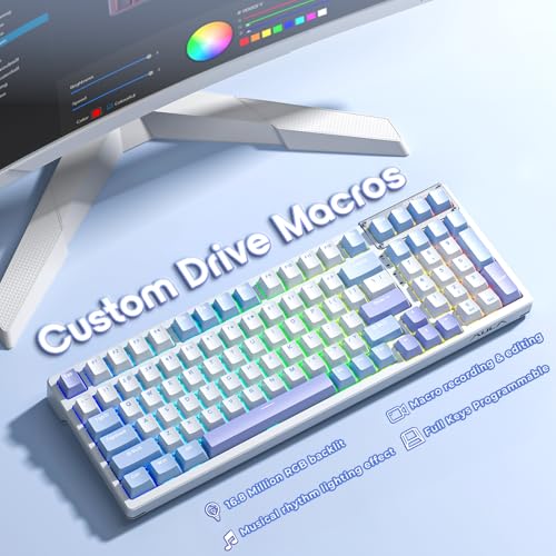 AULA Mechanical Keyboard, Wireless Gaming Keyboards 99 Keys Tri-Mode BT5.0/2.4GHz/USB-C Hot Swappable Custom Creamy Keyboard,RGB Backlit Computer Keyboards w/Pre-lubed Linear Switches Gasket Structure - color: White&Blue&Purple