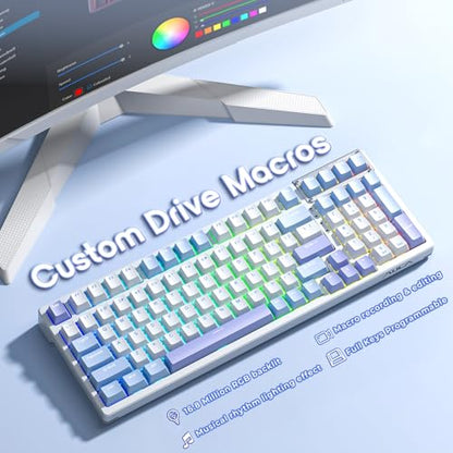 AULA Mechanical Keyboard, Wireless Gaming Keyboards 99 Keys Tri-Mode BT5.0/2.4GHz/USB-C Hot Swappable Custom Creamy Keyboard,RGB Backlit Computer Keyboards w/Pre-lubed Linear Switches Gasket Structure - color: White&Blue&Purple