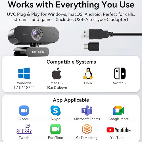 2K Webcam for PC Laptop,1080P@60FPS Streaming Camera with 1/2.8'' CMOS Sensor,PDAF Auto Focus,Dual Noise-Canceling Mics,Privacy Cover,Plug & Play for Gaming/Zoom/Skype/Teams/Live Streaming