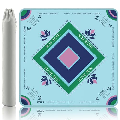 Turquoise Mahjong Mat with Lotus & Butterfly Artwork - 32.4x32.4 Inch Hand-Painted Style Rubber Mat, Zen Decor Waterproof Surface, Anti-Slip Foldable Design for Asian-Themed Game Nights - color: Blue-green