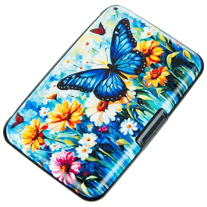Credit Card Holder Small RFID Blocking Wallet Business Metal Slim Mini Aluminum Hard Case for Women Men - color: Blue Butterfly Daisies