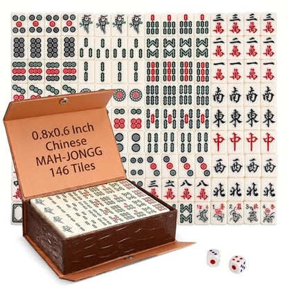 BESTOYARD Portable Mini Travel Mahjong Tile Set Chinese Mahjong Game with 146 Brown Carrying Case for Adult Beginner Players and Elderly, Travel-Friendly Family Gatherings and Leisure Activities
