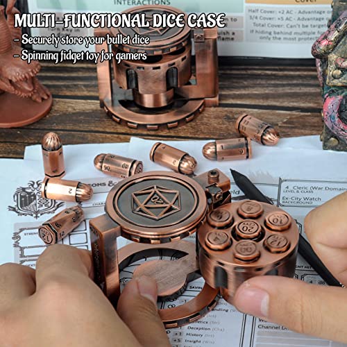 CZYY Metal Polyhedral Bullet Dice Set with Spinning Revolver Cylinder Case | Complete 7-Dice Set, Solid Metal, RPG Fidget Tool, Accessories for DND, Sci-Fi, Western & Tabletop Game Themes, Copper - color: Copper