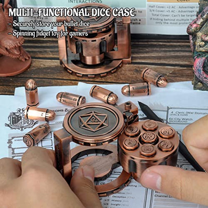 CZYY Metal Polyhedral Bullet Dice Set with Spinning Revolver Cylinder Case | Complete 7-Dice Set, Solid Metal, RPG Fidget Tool, Accessories for DND, Sci-Fi, Western & Tabletop Game Themes, Copper - color: Copper