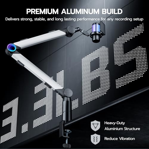 ARES WING Aluminum Microphone Boom Arm with RGB Light and Volume Control, Adjustable Mic Arm Desk Mount with 3/8” to 5/8” Screw Adapter, Suspension Scissor Mic Stand for Gaming Streaming Podcasting