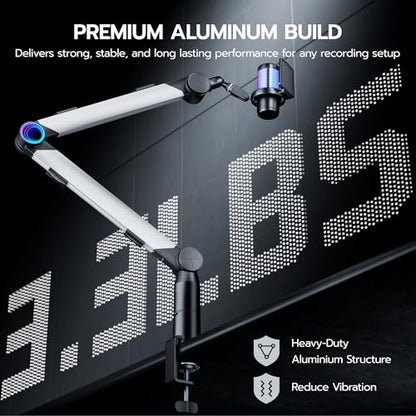 ARES WING Aluminum Microphone Boom Arm with RGB Light and Volume Control, Adjustable Mic Arm Desk Mount with 3/8” to 5/8” Screw Adapter, Suspension Scissor Mic Stand for Gaming Streaming Podcasting
