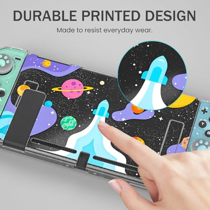 Clear Case for Nintendo Switch 2017, Screen Protector, Thumb Grips, Rocket | Nintendo Switch 2017 case with soft TPU shell, 2 thumb grips and clear glitter design for everyday scratch protection - color: Rocket