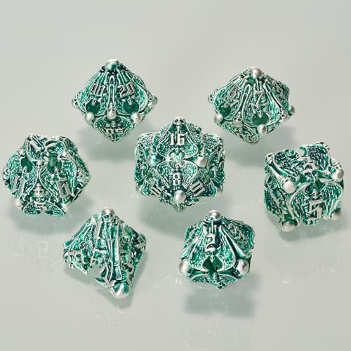 DND Dice,HNCCESG Hollow Metal Set 7 Pcs for Dungeons and Dragon,D and D GIFS of Tabletop Game (Matte Green White Skull) - color: Matte Green White Ts