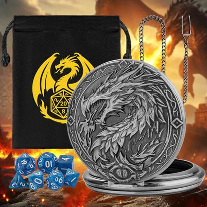 Mini DND Dice Set, 7-Piece Polyhedral Acrylic D&D Dice, with Steampunk Dragon Large Pocket Watch Case, DND Gift Bag with Dragon Logo, Role Play Board Game Accessories, Dark Silver + Blue - color: Silver + Blue