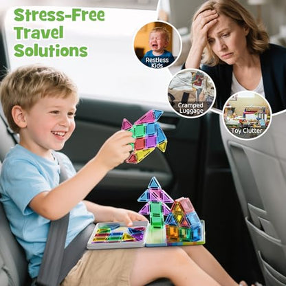 Magnetic Tiles Travel Toys for Kids 4-8, 42PCS Candy Color STEM Building Blocks with Visual Storage Guide & Metal Case, Airplane Activities & Toddler Travel Essentials Ages 3-5 - style: Magnetic Tiles Travel Construction Set - 42PCS