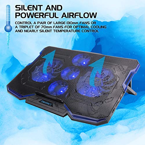 ENHANCE Cryogen Gaming Laptop Cooling Pad - Fits 17 in Computer- Adjustable Laptop Cooling Stand with 5 Quiet Cooler Fans, 2 USB Ports and LED Lighting - Slim Portable Design 2500 RPM (Blue) - color: Blue