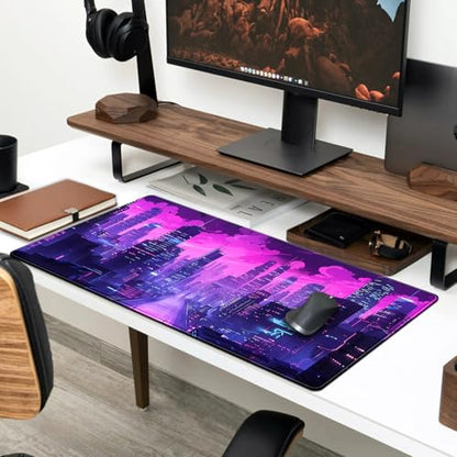 Desk Pad Cyberpunk Purple Desk Mat City Skyline Gaming Extended Mouse Pad Big Office Keyboard Pc Laptop for Women Large Mousepad with Stitched Eges Non-Slip Base Mouse Keyboard Mat 31.5x11.8 in - color: C-purple Clouds