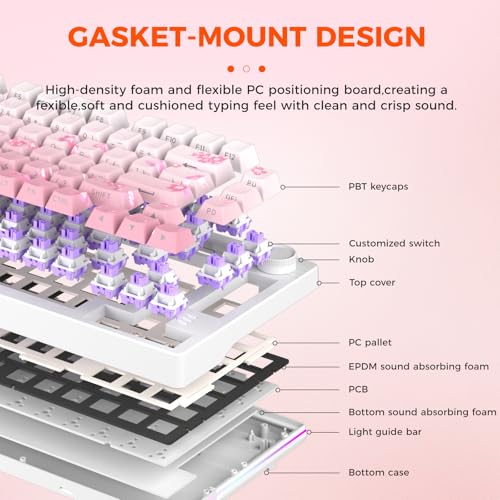 DAREU EK75PRO Sakura Pink 75% Mechanical Keyboard,Creamy Wireless Gaming Keyboard with Knob,RGB Backlit,Gasket Custom Structure,Side Printed PBT Keycaps,Hot Swap,2.4Ghz/BT5.1/USB-C, for Win/MAC - color: Sakura Pink