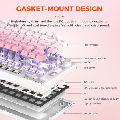 DAREU EK75PRO Sakura Pink 75% Mechanical Keyboard,Creamy Wireless Gaming Keyboard with Knob,RGB Backlit,Gasket Custom Structure,Side Printed PBT Keycaps,Hot Swap,2.4Ghz/BT5.1/USB-C, for Win/MAC - color: Sakura Pink