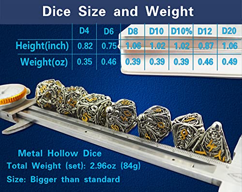 Metal DND Dice Set Skull Dungeons and Dragon Dice Set Hollow Polyhedral Magic 7 PCS Dice Set with Gift Metal Box for Dungeons and Dragons Table Games Play Cards MTG(Skull_Ancient Silver and Gold) - color: Skull_ancient Silver Plus Gold