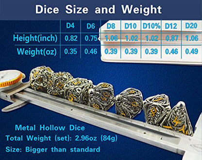 Metal DND Dice Set Skull Dungeons and Dragon Dice Set Hollow Polyhedral Magic 7 PCS Dice Set with Gift Metal Box for Dungeons and Dragons Table Games Play Cards MTG(Skull_Ancient Silver and Gold) - color: Skull_ancient Silver Plus Gold
